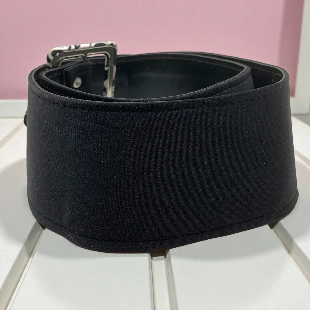 Vintage 1980's Wide Waist Cinch Black Textile Belt Zebra Print Buckle 3